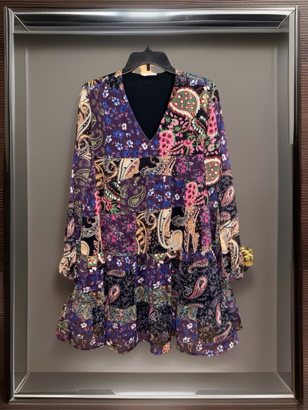 NWOT Sunday Up Bohemian Women’s Patchwork Print V-Neck Mini Dress in Purple-L-EC